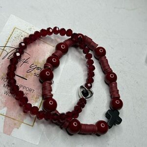 Red Beaded Bracelet Set with Heart Charm